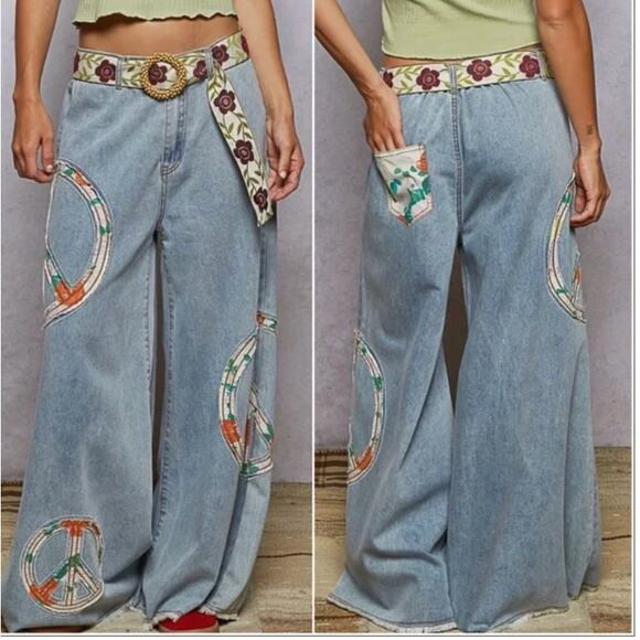 Pol Peace Sign Patchwork Wide Leg Chambray Pants - Picture 1 of 3